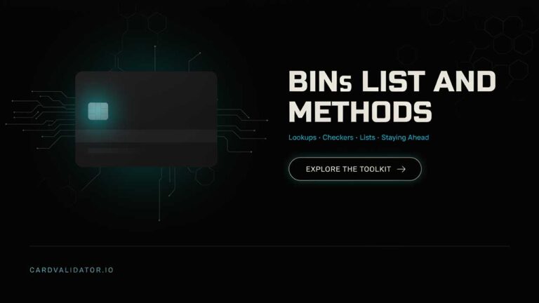 BINs LIST AND METHODS: Lookups, Checkers, Lists and Staying Ahead BIN lookup and checker guide showing a credit card with the first six digits highlighted